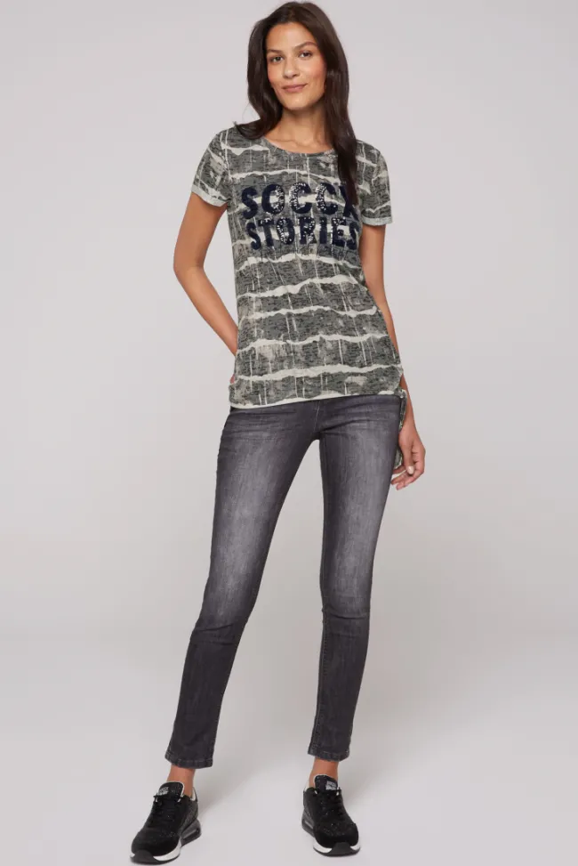 Damen CAMP DAVID & SOCCX Ausbrenner-Shirt mit Pailletten-Logo stone beige