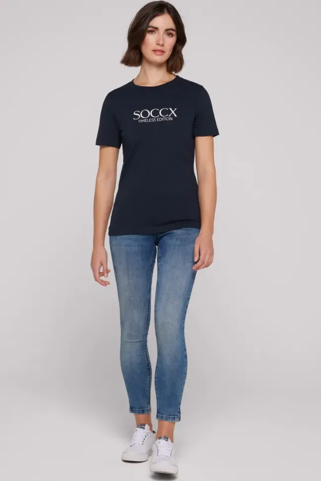 Damen CAMP DAVID & SOCCX Basic T-Shirt mit Logo Print blue navy