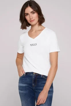 Damen CAMP DAVID & SOCCX Basic T-Shirt mit V-Ausschnitt und Logo
