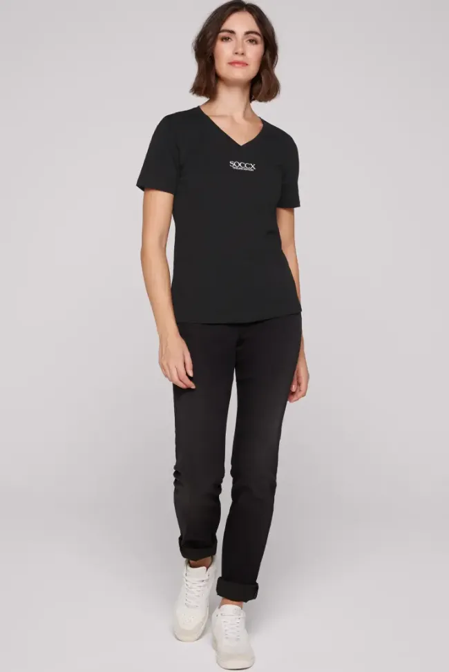 Damen CAMP DAVID & SOCCX Basic T-Shirt mit V-Ausschnitt und Logo