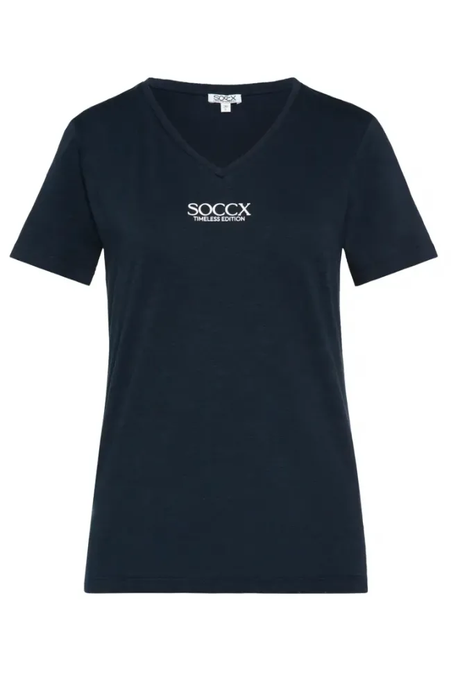 Damen CAMP DAVID & SOCCX Basic T-Shirt mit V-Ausschnitt und Logo blue navy