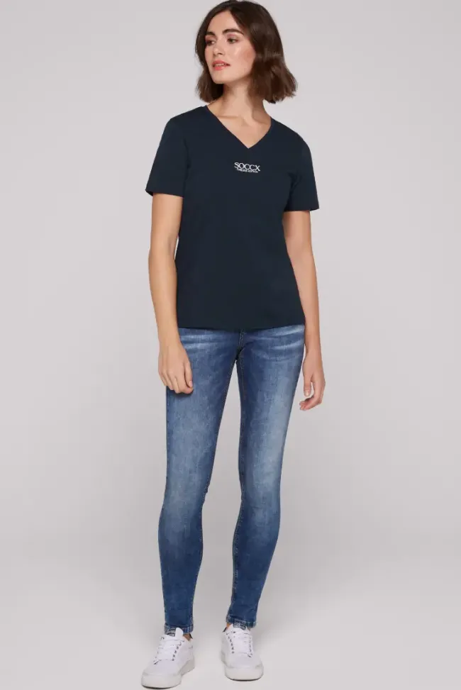 Damen CAMP DAVID & SOCCX Basic T-Shirt mit V-Ausschnitt und Logo blue navy