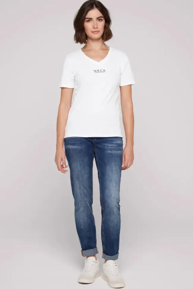 Damen CAMP DAVID & SOCCX Basic T-Shirt mit V-Ausschnitt und Logo