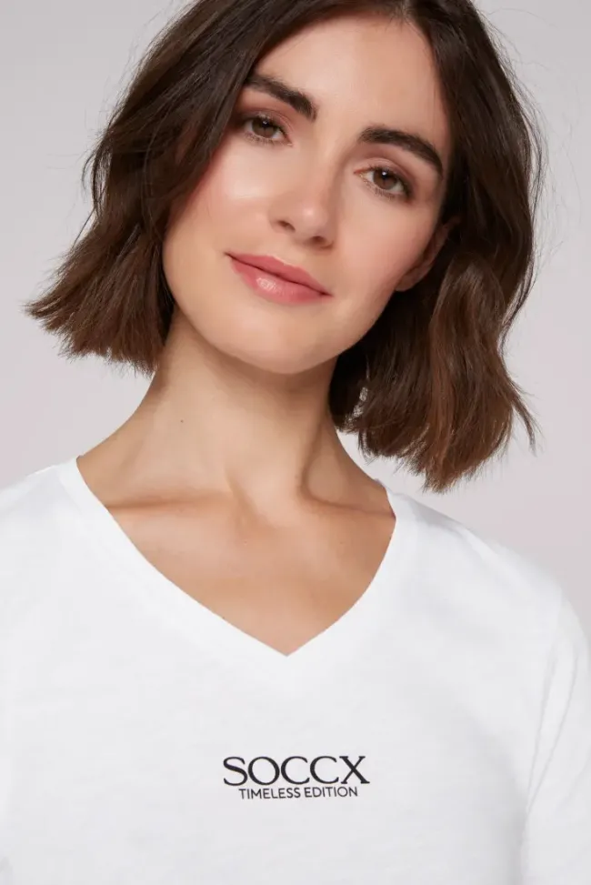 Damen CAMP DAVID & SOCCX Basic T-Shirt mit V-Ausschnitt und Logo