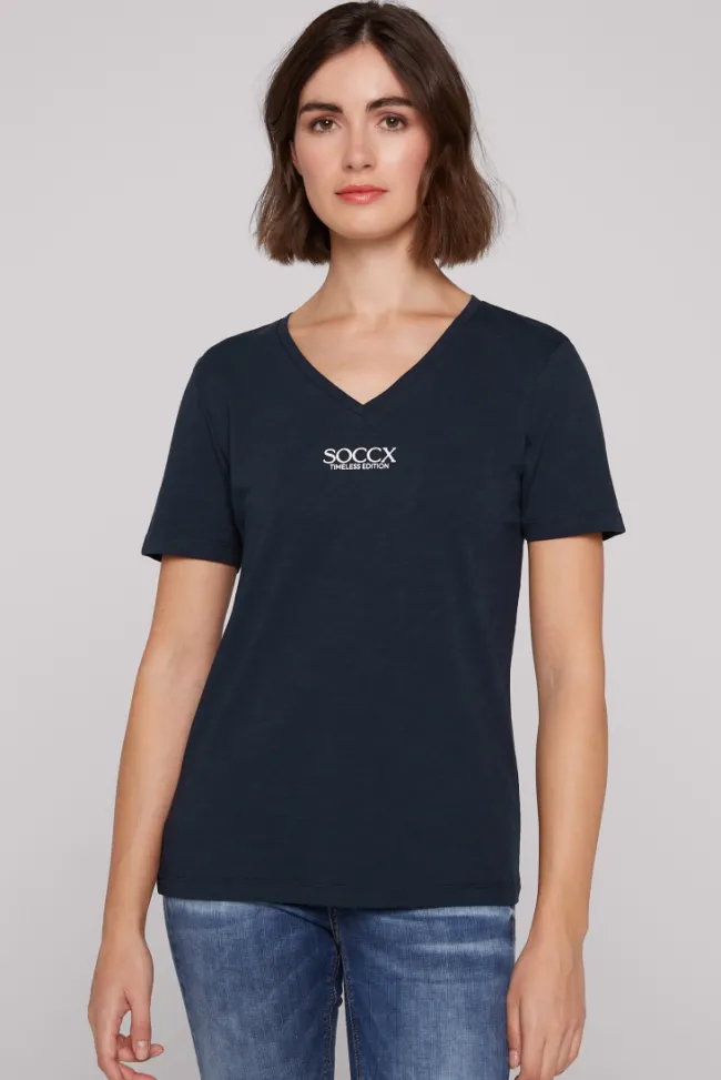 Damen CAMP DAVID & SOCCX Basic T-Shirt mit V-Ausschnitt und Logo blue navy