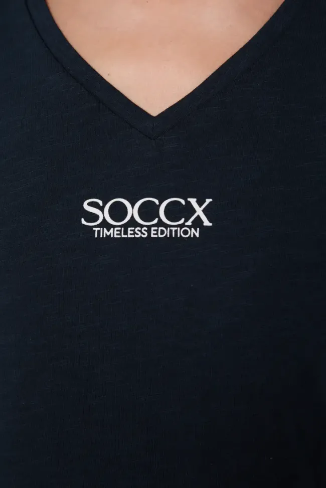 Damen CAMP DAVID & SOCCX Basic T-Shirt mit V-Ausschnitt und Logo blue navy