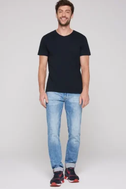 Herren CAMP DAVID & SOCCX Basic T-Shirt V-Neck mit Used-Kante blue navy
