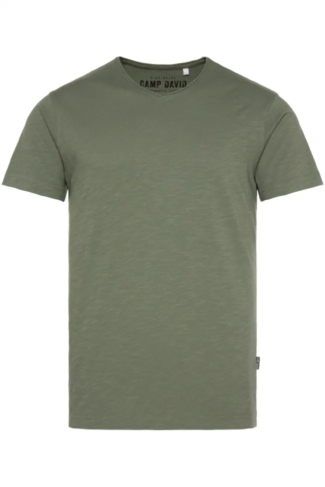 Herren CAMP DAVID & SOCCX Basic T-Shirt V-Neck mit Used-Kante green olive