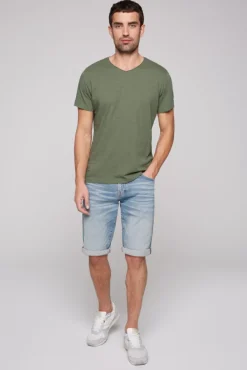 Herren CAMP DAVID & SOCCX Basic T-Shirt V-Neck mit Used-Kante green olive