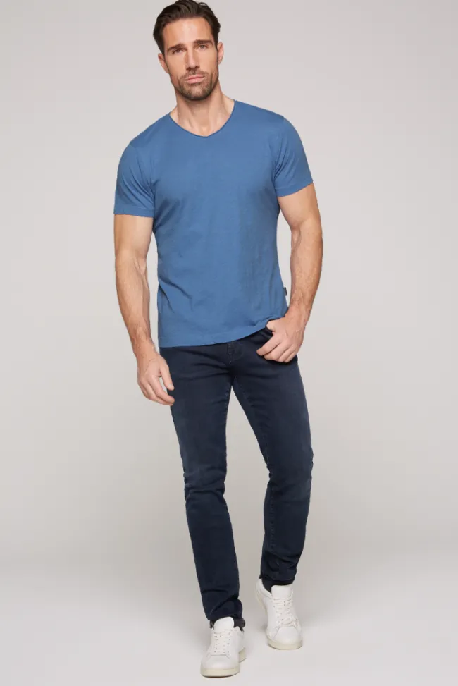Herren CAMP DAVID & SOCCX Basic T-Shirt V-Neck mit Used-Kante sky blue