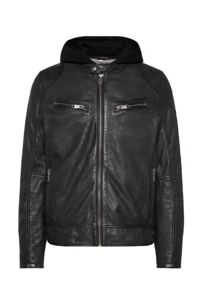 Herren CAMP DAVID & SOCCX Bikerjacke aus Leder mit Kapuzeneinsatz