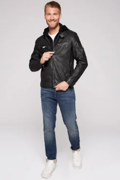 Herren CAMP DAVID & SOCCX Bikerjacke aus Leder mit Kapuzeneinsatz