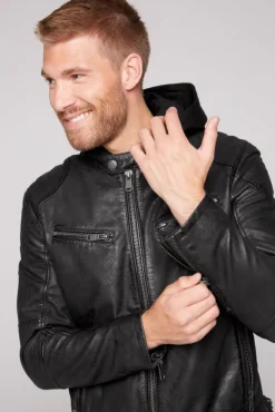 Herren CAMP DAVID & SOCCX Bikerjacke aus Leder mit Kapuzeneinsatz