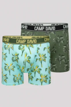 Herren CAMP DAVID & SOCCX Boxershorts mit All Over Print, 2er-Pack khaki / aqua