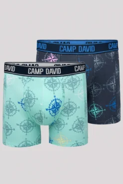 Herren CAMP DAVID & SOCCX Boxershorts mit All Over Print, 2er-Pack blue navy / sun aqua