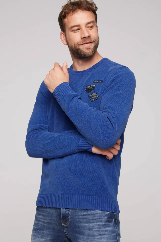Herren CAMP DAVID & SOCCX Chenille-Pullover Stone Washed mit Patches strong blue