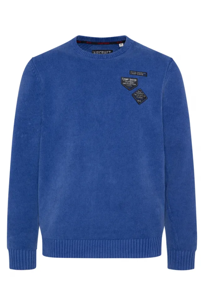 Herren CAMP DAVID & SOCCX Chenille-Pullover Stone Washed mit Patches strong blue