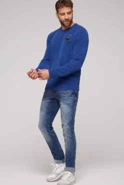 Herren CAMP DAVID & SOCCX Chenille-Pullover Stone Washed mit Patches strong blue