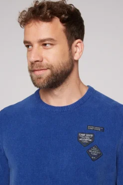 Herren CAMP DAVID & SOCCX Chenille-Pullover Stone Washed mit Patches strong blue
