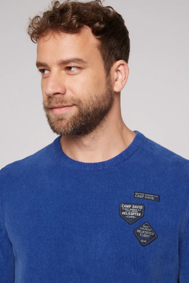 Herren CAMP DAVID & SOCCX Chenille-Pullover Stone Washed mit Patches strong blue