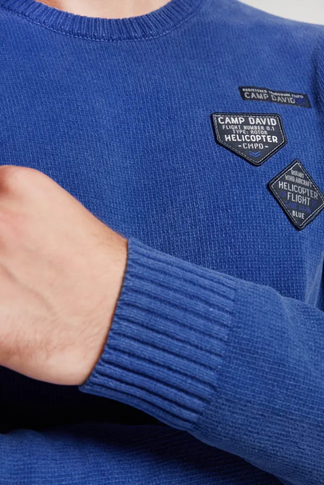 Herren CAMP DAVID & SOCCX Chenille-Pullover Stone Washed mit Patches strong blue