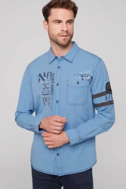 Herren CAMP DAVID & SOCCX Fil à Fil Langarmhemd mit Label-Applikationen strong blue