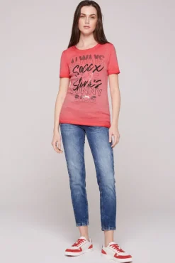 Damen CAMP DAVID & SOCCX Geripptes T-Shirt mit Artwork red orange
