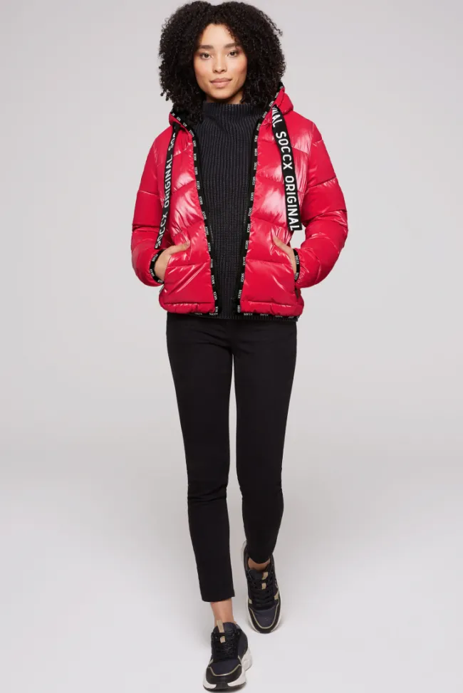 Damen CAMP DAVID & SOCCX Glänzende Steppjacke mit Samt-Optik clear red