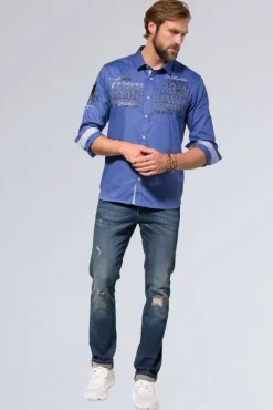 Herren CAMP DAVID & SOCCX Hemd mit Dobby-Struktur und Artworks denim blue | L