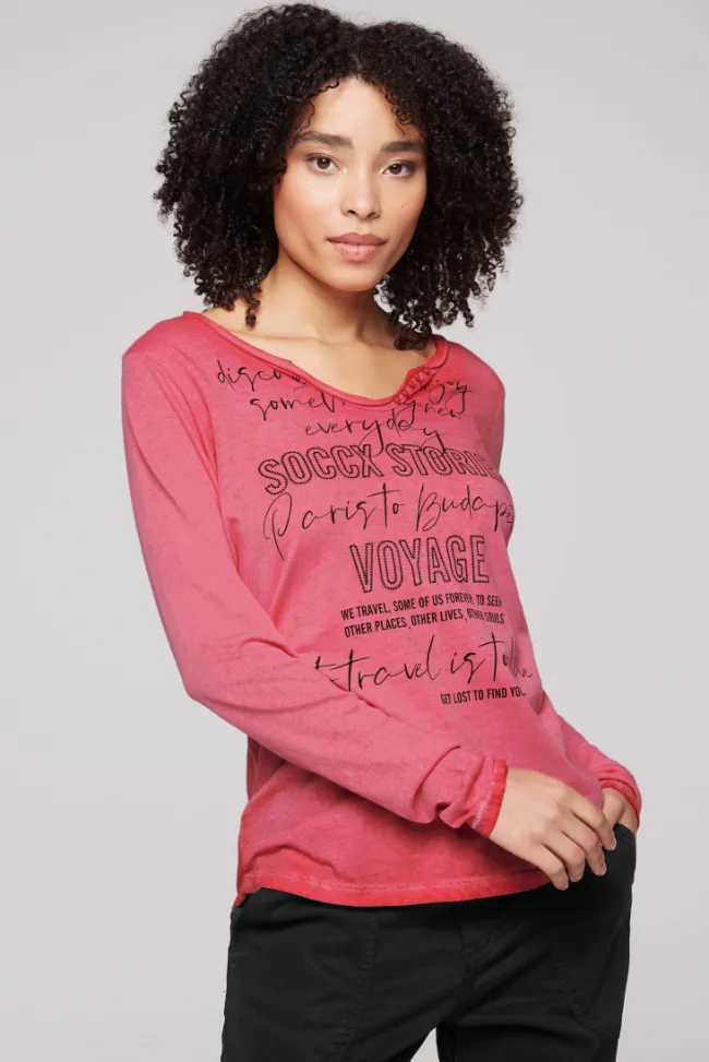 Damen CAMP DAVID & SOCCX Henley-Shirt mit Wording Glitter Print pinky red