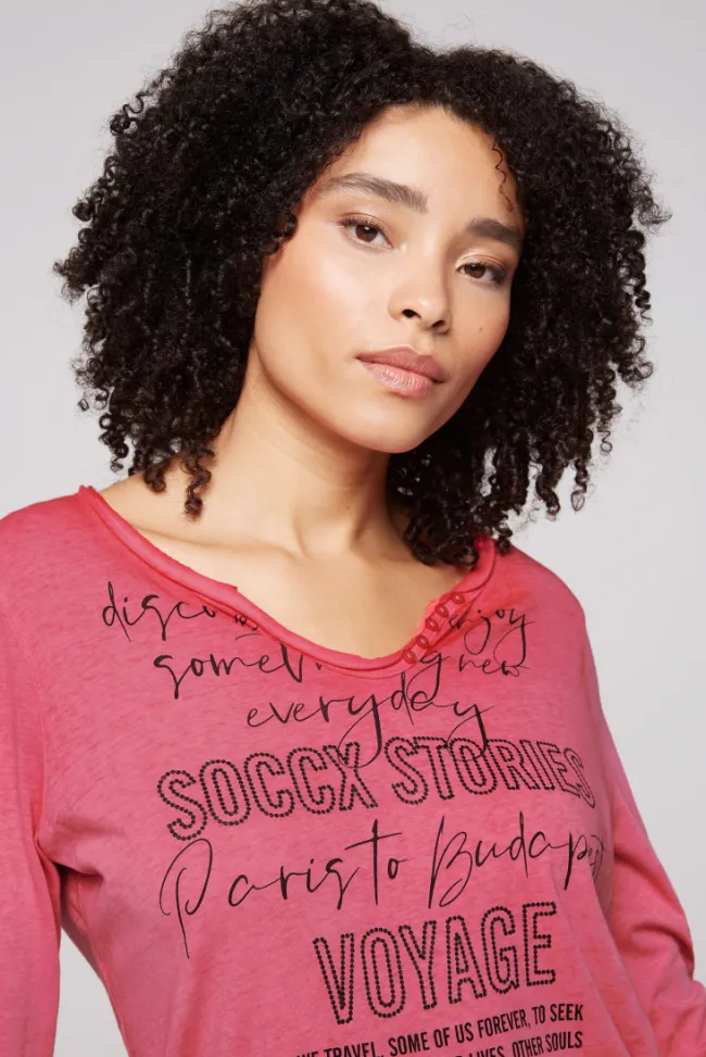 Damen CAMP DAVID & SOCCX Henley-Shirt mit Wording Glitter Print pinky red