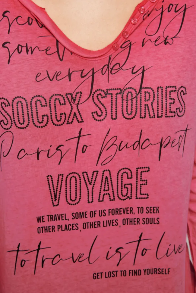 Damen CAMP DAVID & SOCCX Henley-Shirt mit Wording Glitter Print pinky red
