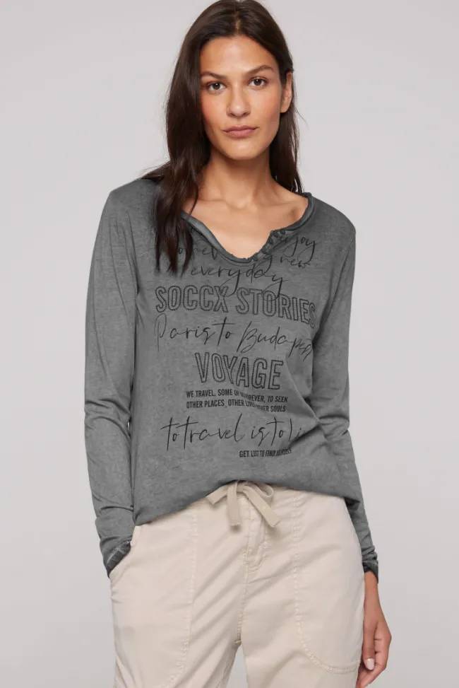 Damen CAMP DAVID & SOCCX Henley-Shirt mit Wording Glitter Print