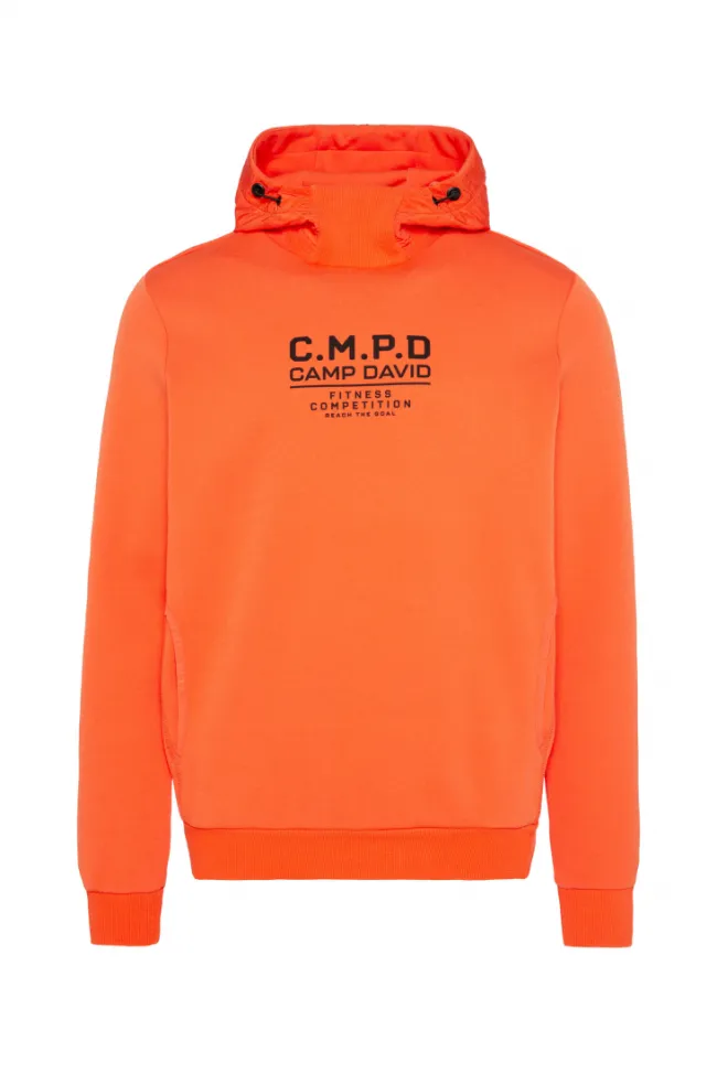Herren CAMP DAVID & SOCCX Hoodie im Materialmix mit Artwork und Rückentasche signal orange
