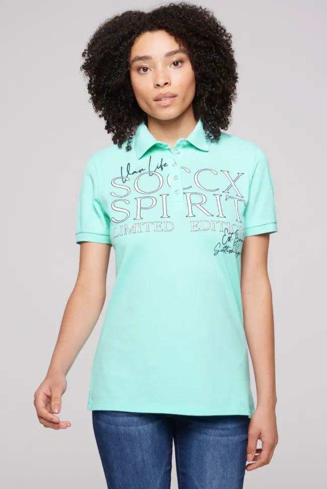 Damen CAMP DAVID & SOCCX Kurzarmpolo aus Pikee mit Logo Print aqua green