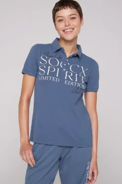 Damen CAMP DAVID & SOCCX Kurzarmpolo aus Pikee mit Logo Print blue haze