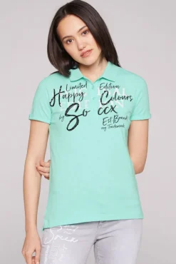 Damen CAMP DAVID & SOCCX Kurzarmpolo mit Print und Pailletten neo aqua