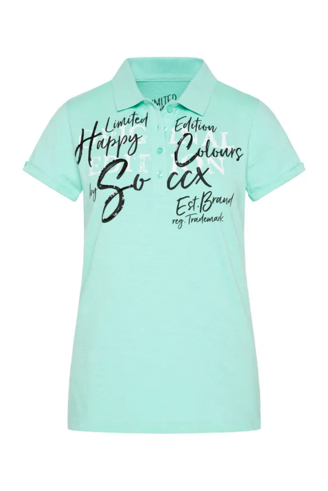Damen CAMP DAVID & SOCCX Kurzarmpolo mit Print und Pailletten neo aqua