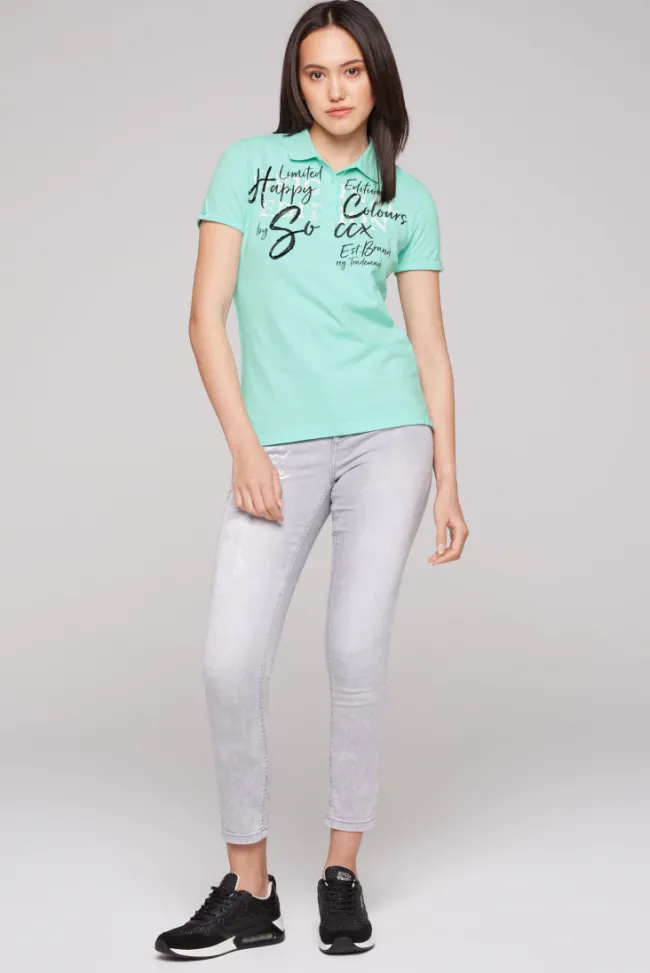 Damen CAMP DAVID & SOCCX Kurzarmpolo mit Print und Pailletten neo aqua