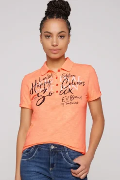 Damen CAMP DAVID & SOCCX Kurzarmpolo mit Print und Pailletten neon orange