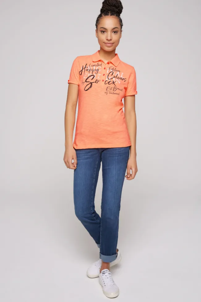 Damen CAMP DAVID & SOCCX Kurzarmpolo mit Print und Pailletten neon orange