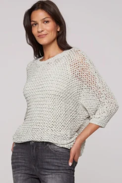 Damen CAMP DAVID & SOCCX Kurzarm-Pullover aus Strukturgarn stone beige