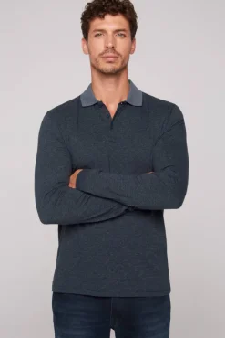 Herren CAMP DAVID & SOCCX Langarmpolo mit feinem Streifen-Dessin blue navy
