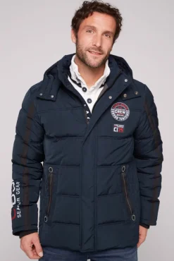 Herren CAMP DAVID & SOCCX Lange Steppjacke mit Kapuze und Rücken-Artwork blue navy