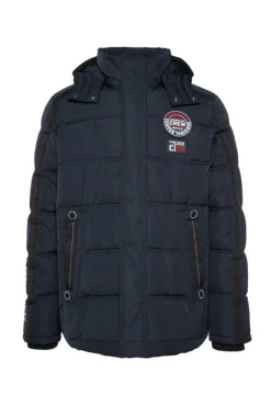 Herren CAMP DAVID & SOCCX Lange Steppjacke mit Kapuze und Rücken-Artwork blue navy