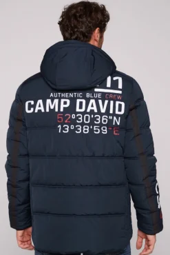 Herren CAMP DAVID & SOCCX Lange Steppjacke mit Kapuze und Rücken-Artwork blue navy