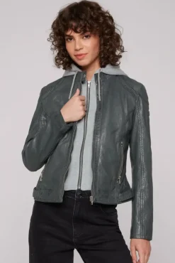 Damen CAMP DAVID & SOCCX Lederjacke im Biker-Stil mit Kapuzeneinsatz dark green