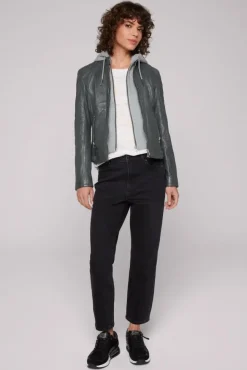 Damen CAMP DAVID & SOCCX Lederjacke im Biker-Stil mit Kapuzeneinsatz dark green