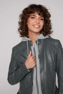 Damen CAMP DAVID & SOCCX Lederjacke im Biker-Stil mit Kapuzeneinsatz dark green