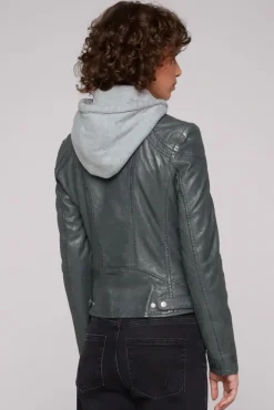 Damen CAMP DAVID & SOCCX Lederjacke im Biker-Stil mit Kapuzeneinsatz dark green